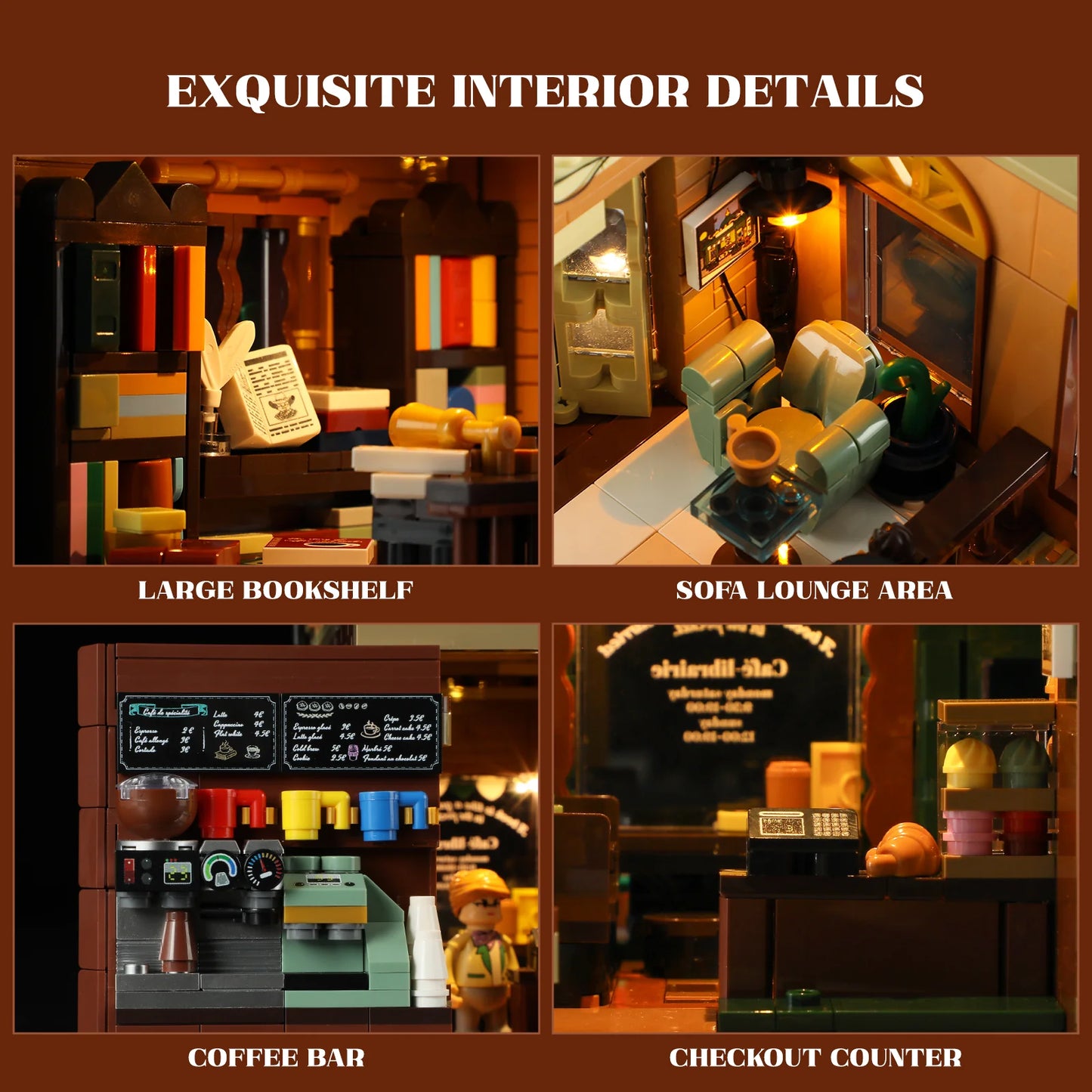 Funwhole Book Cafe set featuring a coffee bar, large bookshelf, cozy sofa lounge, and checkout counter with intricate details.