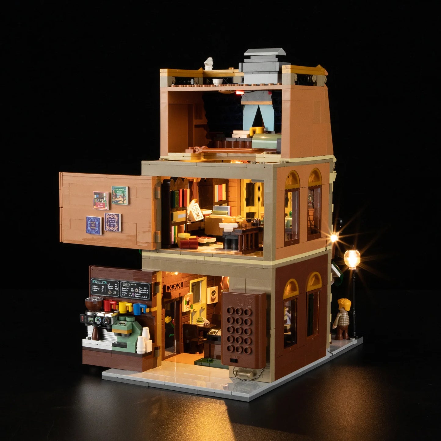 Interior view of Funwhole Book Cafe set with LED lights, showcasing a cozy bookstore, coffee counter, and reading lounge