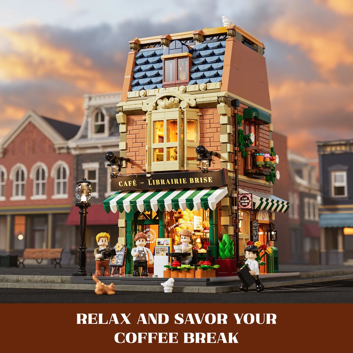 Funwhole Book Cafe modular building set with cozy lighting, Parisian-style architecture, and minifigures enjoying a coffee break.