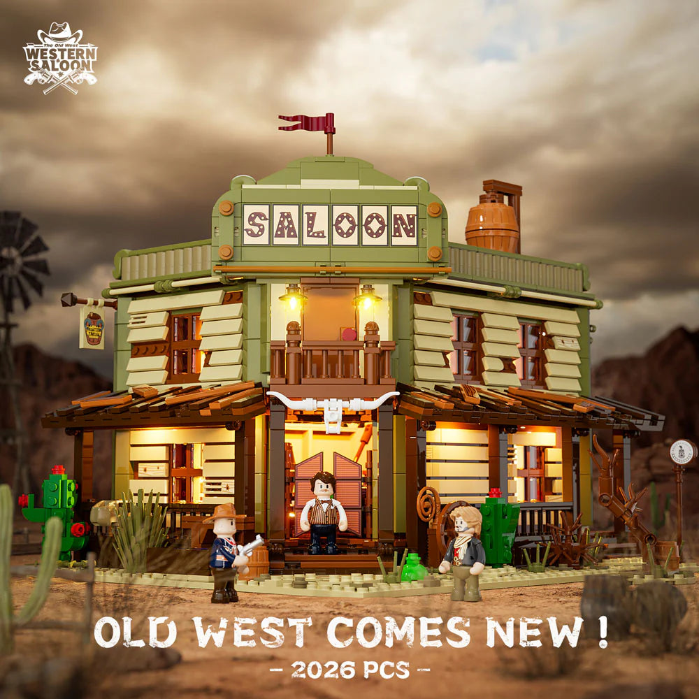 Funwhole F9021 Western Saloon front view with glowing lights, swinging doors, minifigures, cacti, and Western desert backdrop