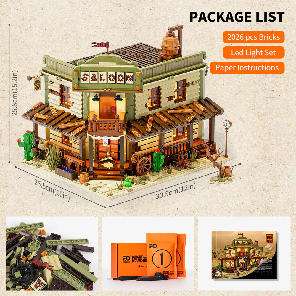 Funwhole F9021 Western Saloon set with 2026 bricks, LED light kit, paper instructions, and assembled saloon building with size dimensions