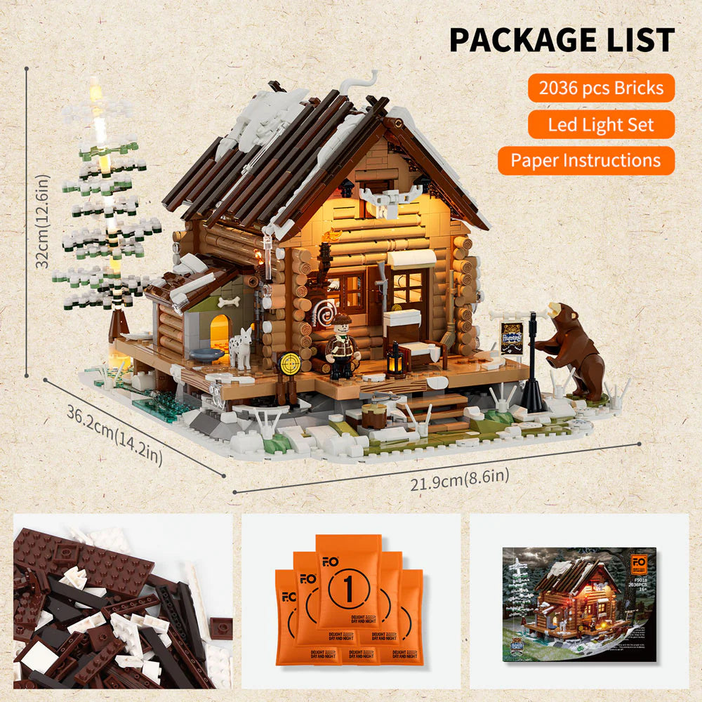Funwhole Hunting Cabin set includes 2036 bricks, LED light set, and paper instructions for an immersive building experience