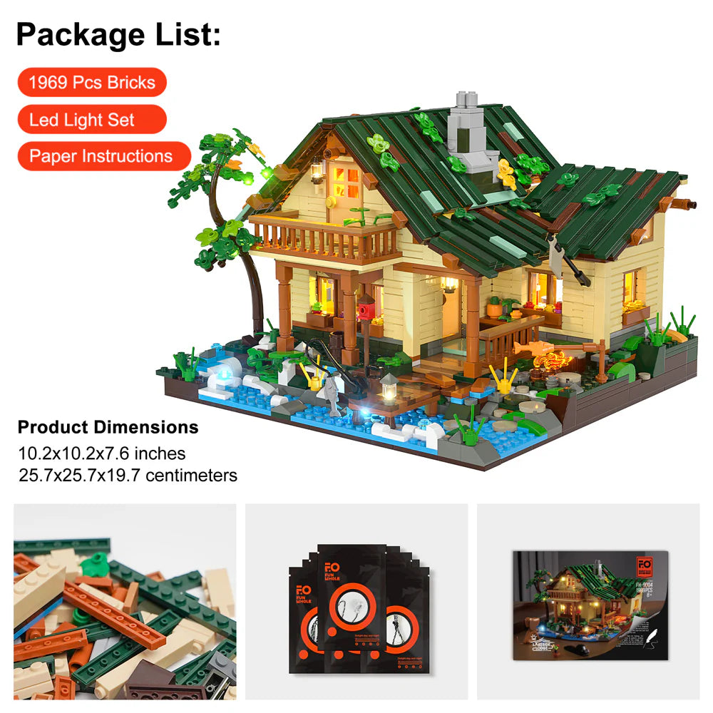 Funwhole Lakeside Lodge set with 1969 pieces, LED lights, paper instructions, and dimensions of 25.7x25.7x19.7 cm shown
