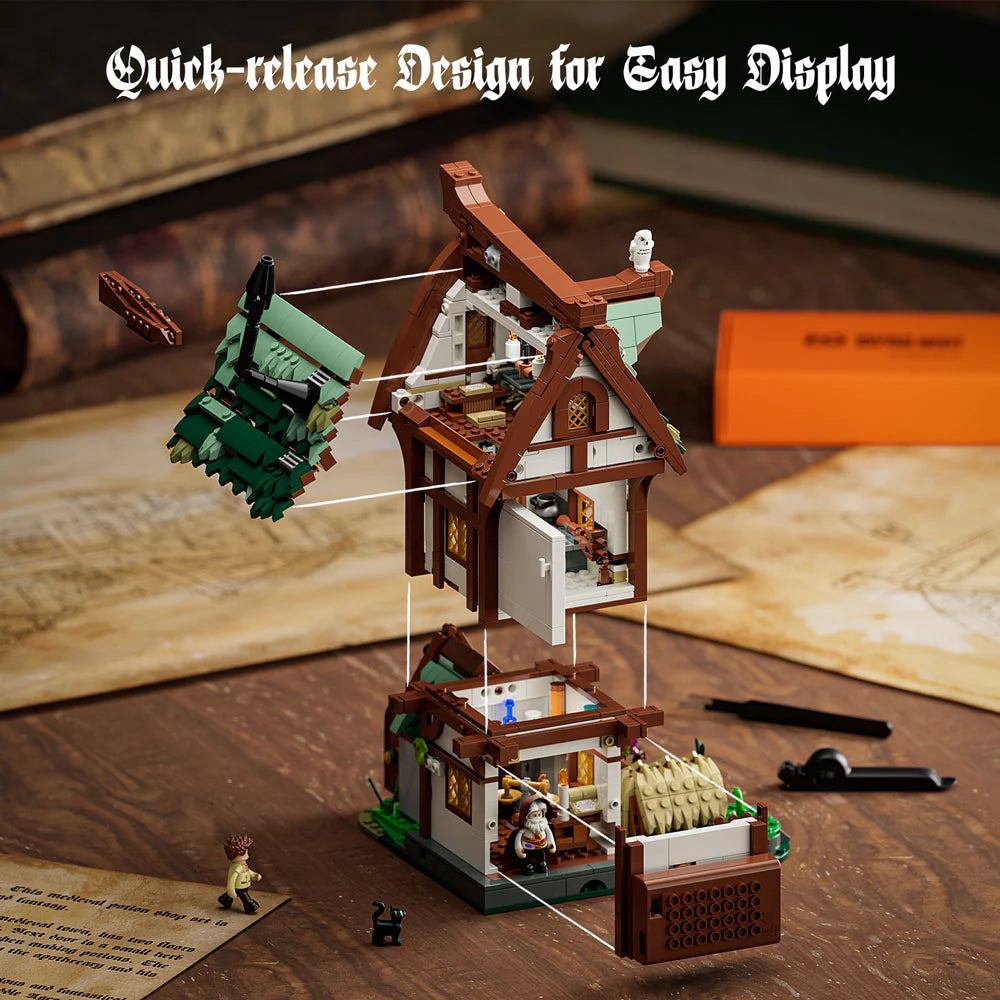 Funwhole Medieval Apothecary Shop set with a quick-release modular design, showcasing its detailed multi-level interior