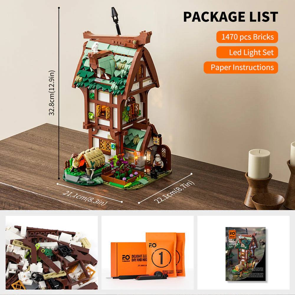 Funwhole Medieval Apothecary Shop set package list with 1470 pieces, LED light set, and paper instructions dimensions shown