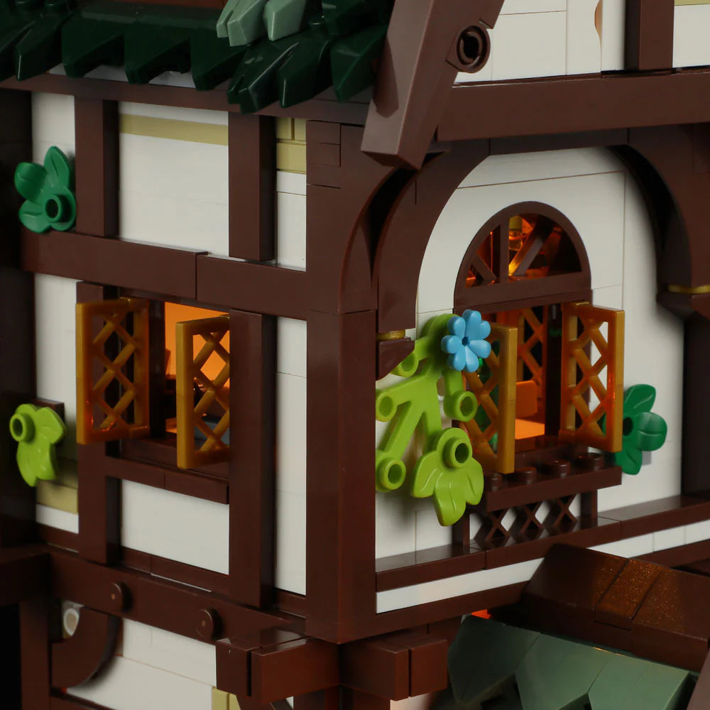 Funwhole Medieval Apothecary Shop Set – Detailed upper windows with greenery and glowing interior lights for a cozy medieval look