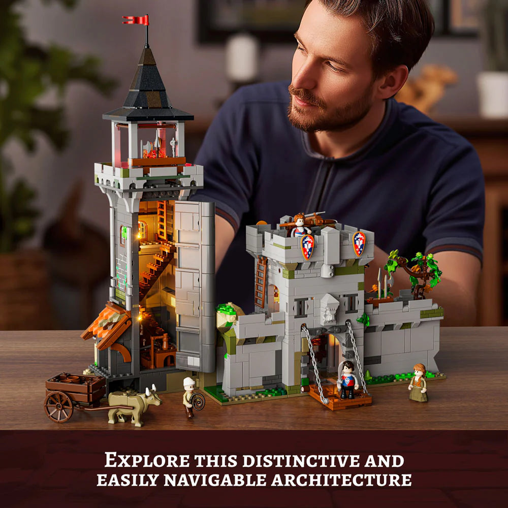 Funwhole Medieval Watchtower set with LED lights, intricate castle design, and realistic medieval-themed details