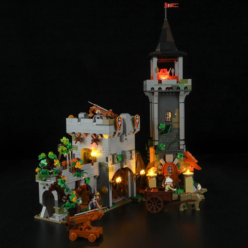 Funwhole Medieval Watchtower Set F9027 – LED-lit castle with tower, gate, ballista, and knights ready for battle at night