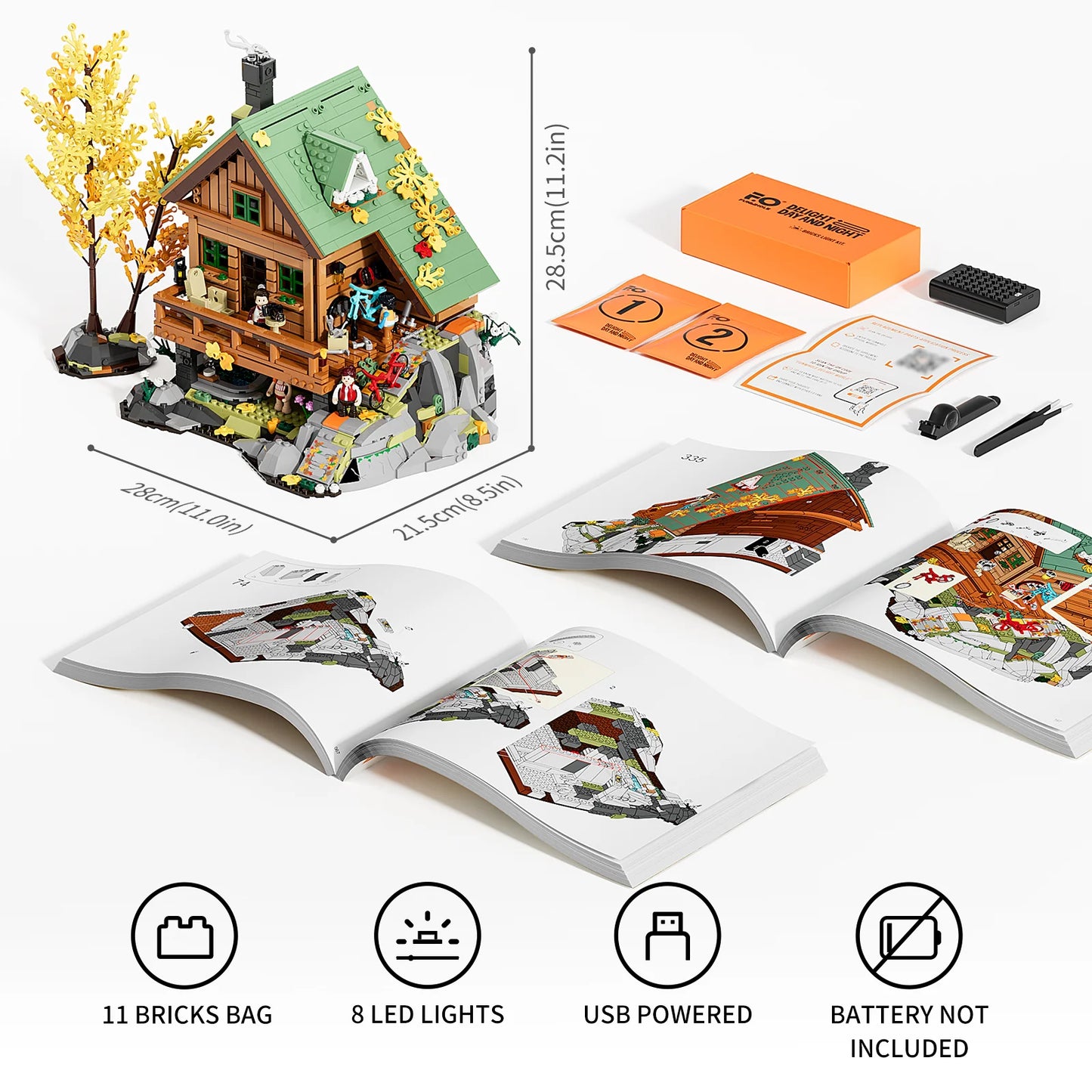 Funwhole Mountain Cabin set with package contents including 11 brick bags, LED lights, USB-powered components, and manuals