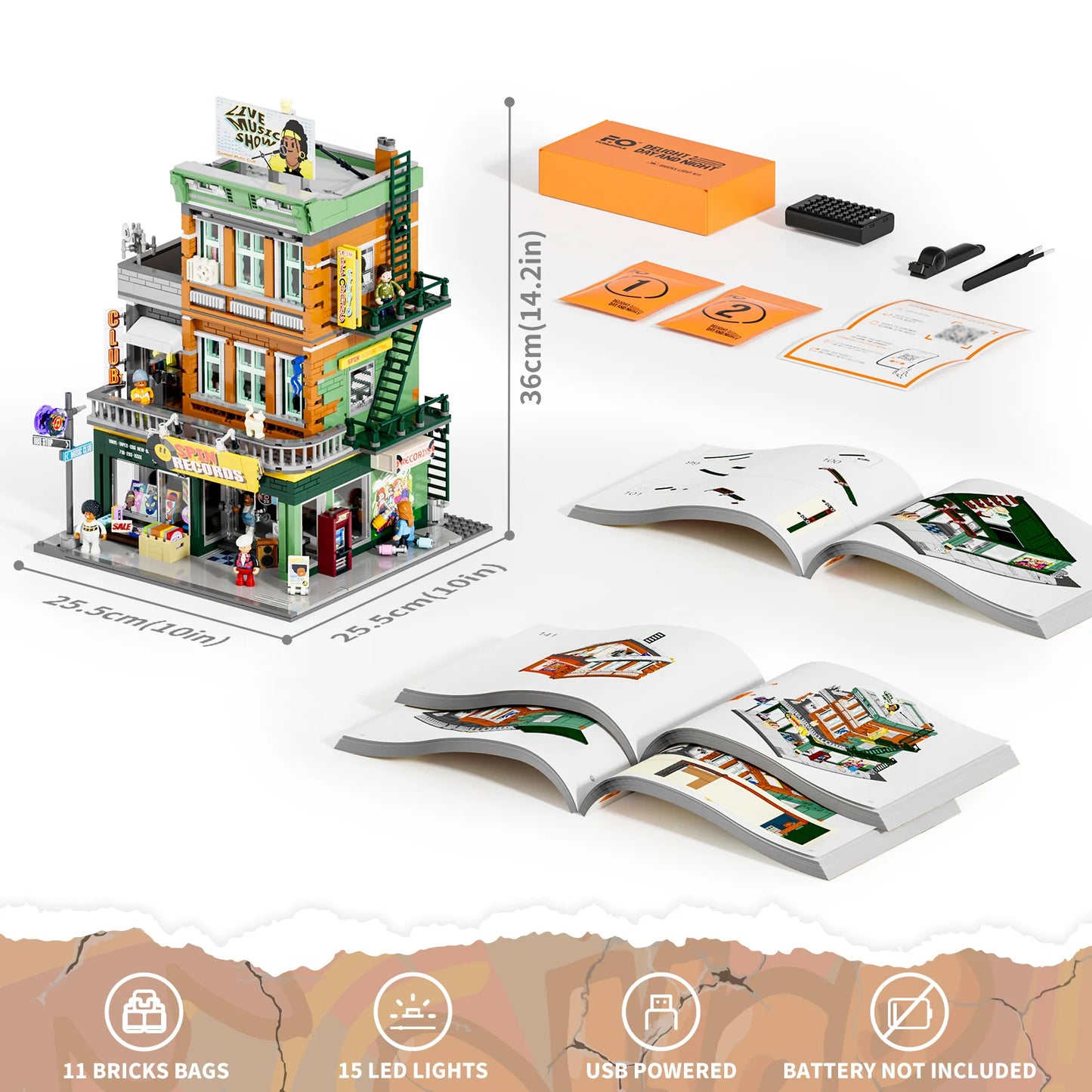 Funwhole Record Store set with dimensions, instruction manuals, LED lights, USB power, and packaging details for assembly.