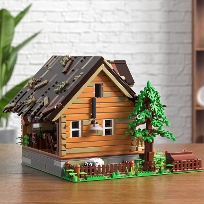 Funwhole Wood Cabin construction set featuring a detailed log cabin, tree, and fence, perfect for creative building enthusiasts