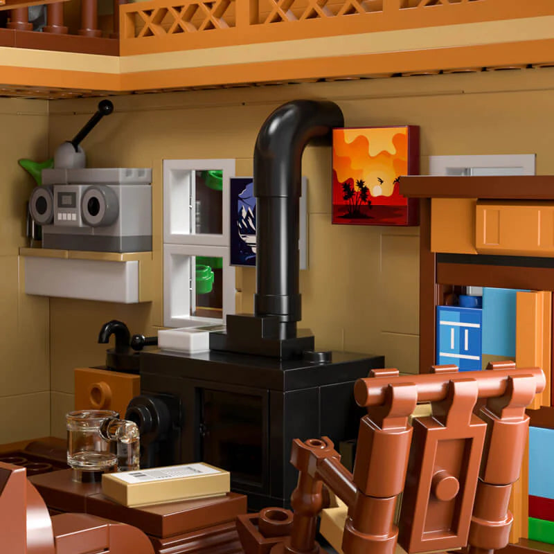 Funwhole Wood Cabin interior with a rustic wood-burning stove, rocking chair, and detailed decor for a cozy cabin retreat