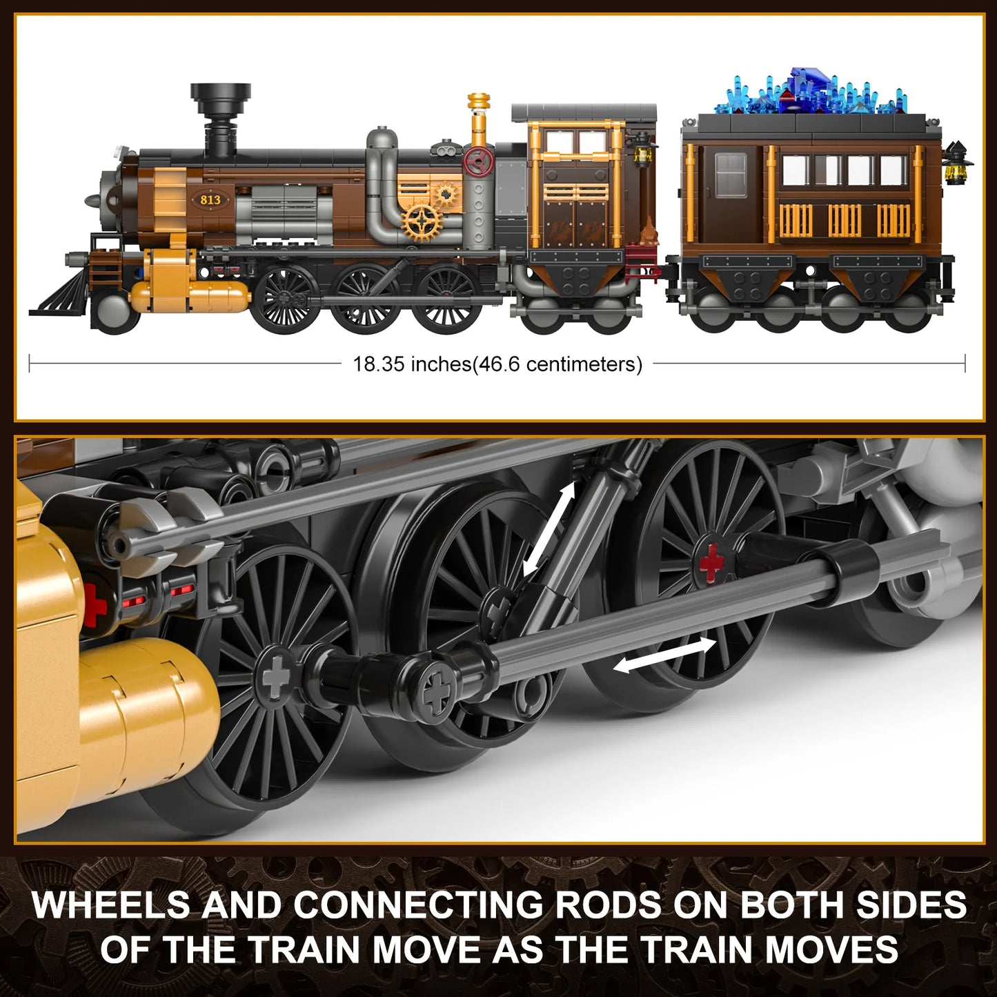 Lumibricks F9006 Steampunk Ore Train side view with length dimensions and close-up of moving wheels and connecting rods