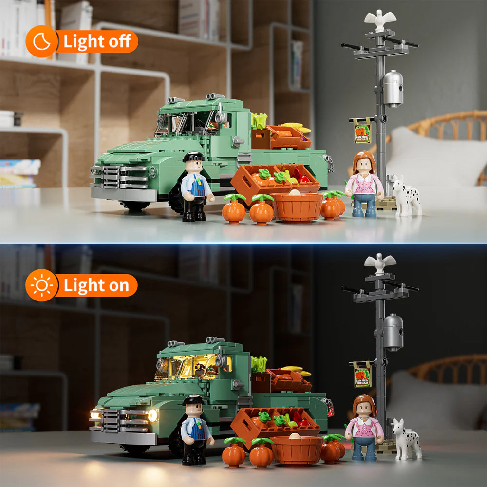 Lumibricks F9016 Farm Truck with lights on and off, market stand, minifigures, dog, and pumpkins on display