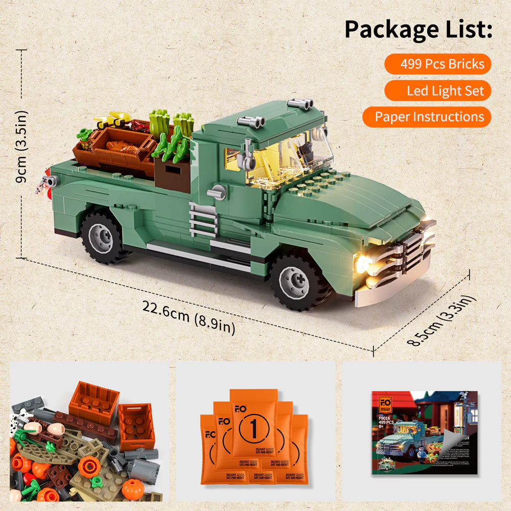 Lumibricks F9016 Farm Truck set with truck, package contents, brick bags, instructions, and product dimensions
