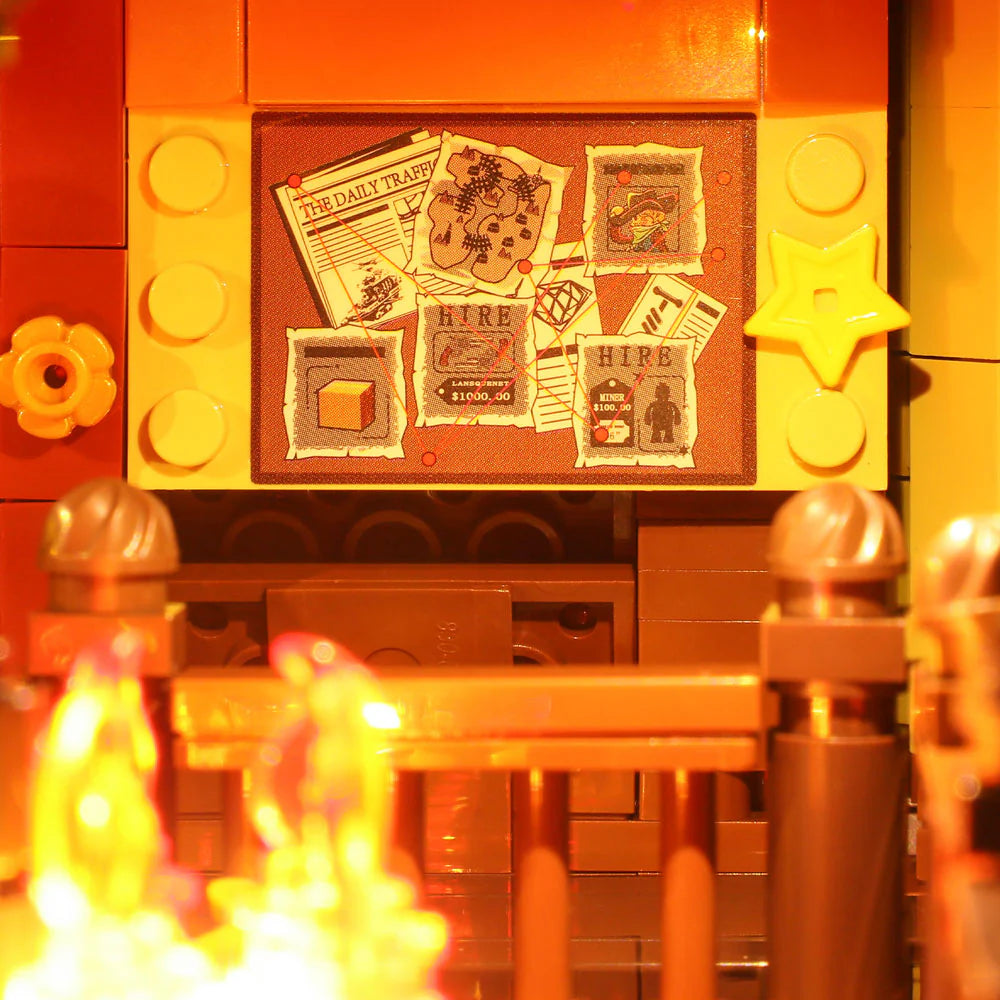 Lumibricks F9021 Western Saloon interior bounty board with wanted posters, hire notices, star badge, and glowing lantern light