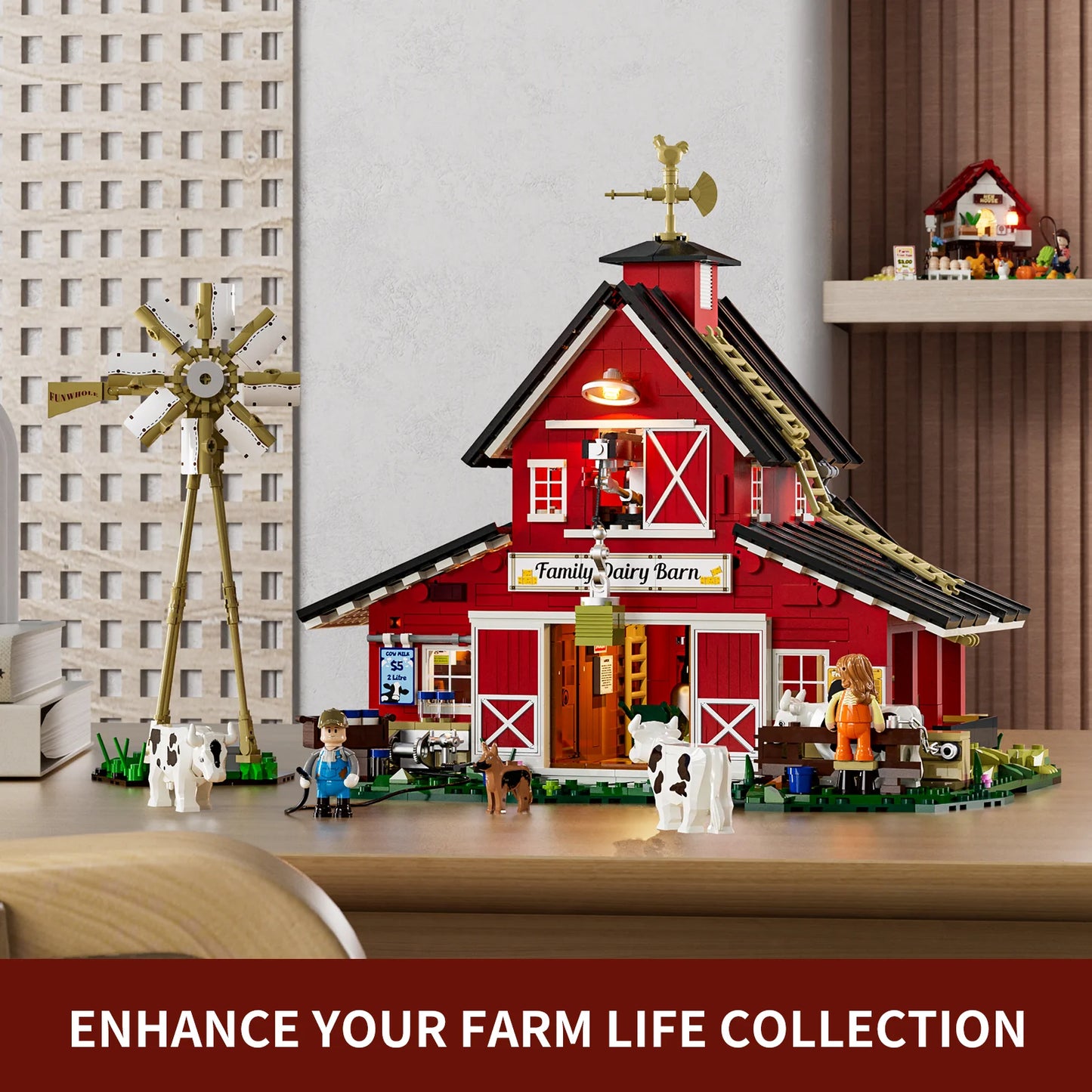 Lumibricks F9037 Cow Barn on desk with windmill, cows, farmer and girl minifigures, and "Family Dairy Barn" sign—enhance your farm life collection