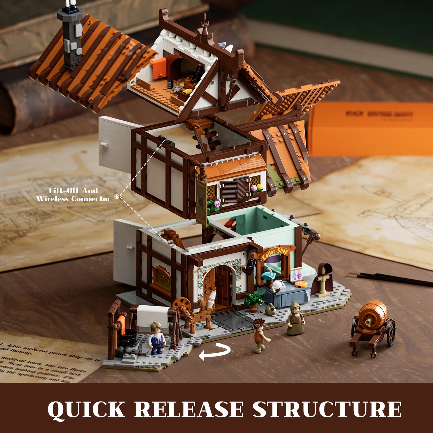 Lumibricks F9038 Medieval Tailor Shop modular build with quick release structure, lift-off roof, and detailed interior floors