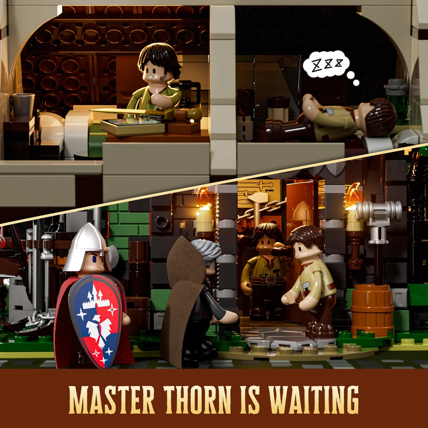Lumibricks F9040 Forge House minifigures in bedroom, blacksmith shop, and medieval entryway with “Master Thorn is Waiting” text
