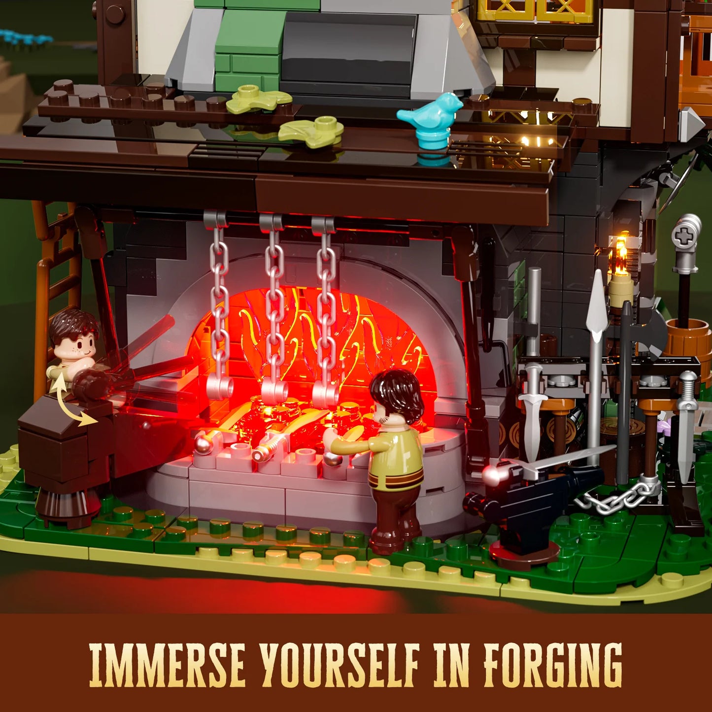 Lumibricks F9040 Forge House blacksmith forge scene with glowing red furnace, minifigures, and medieval tools—“Immerse Yourself in Forging”