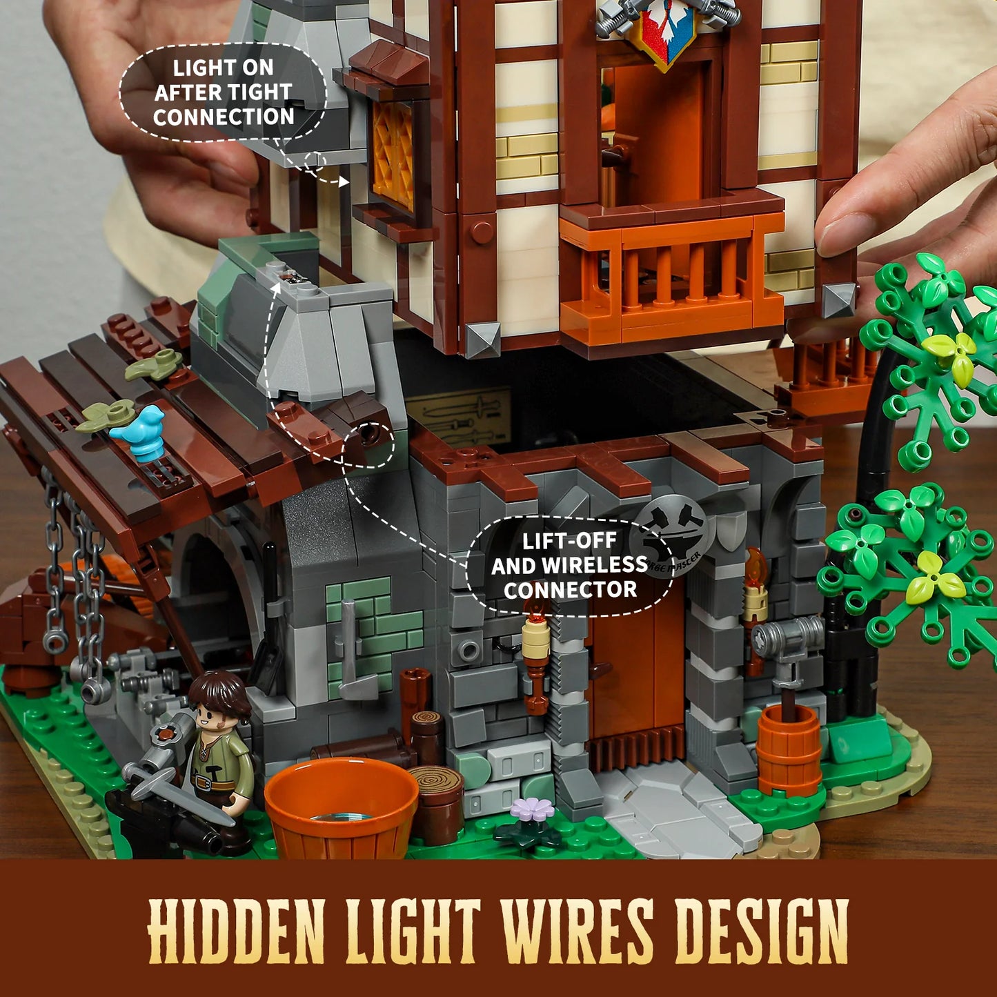 Lumibricks F9040 Forge House close-up showing hidden light wires, wireless connectors, and detailed medieval workshop exterior