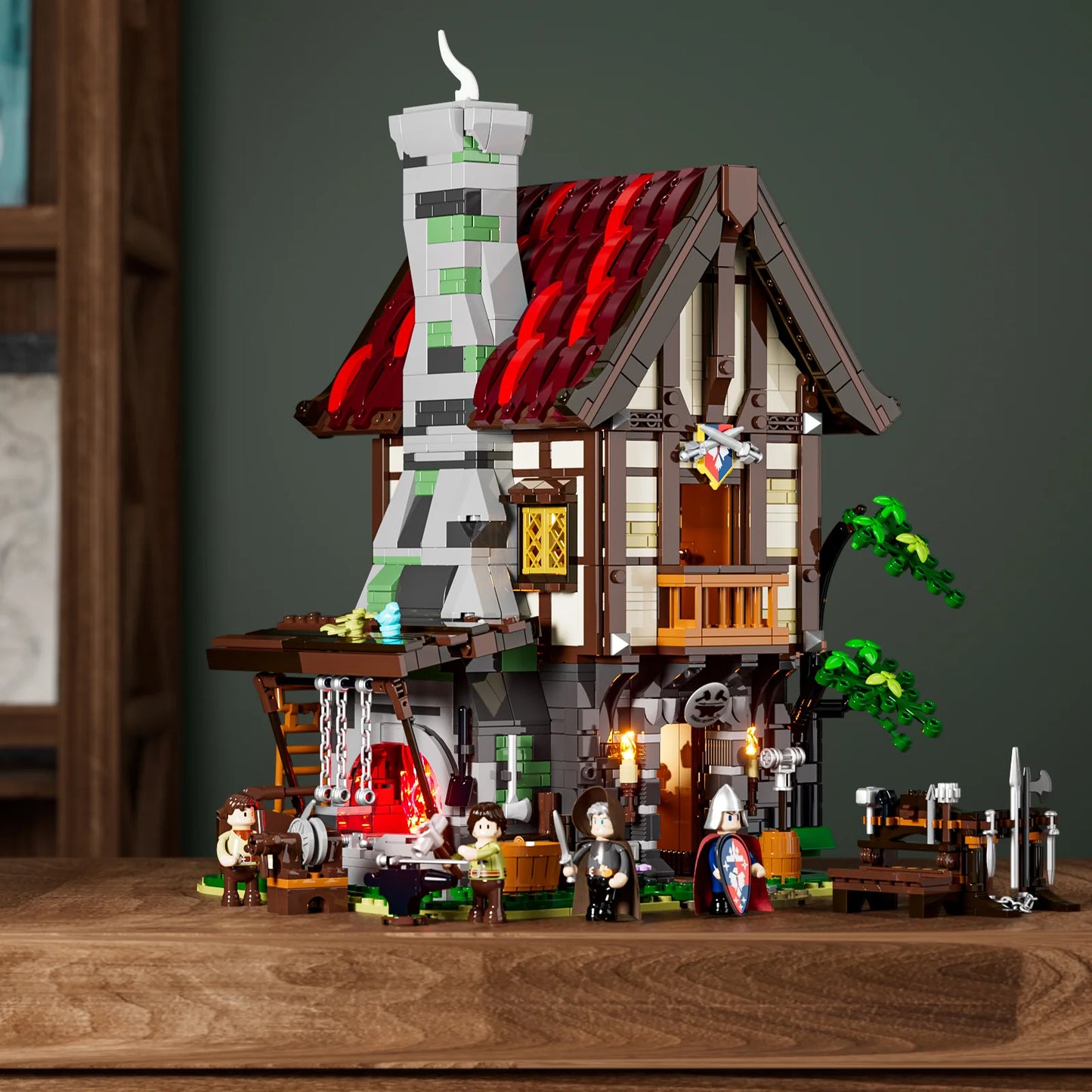 Lumibricks F9040 Forge House modular medieval blacksmith shop with glowing forge, red roof, and minifigures on wooden table