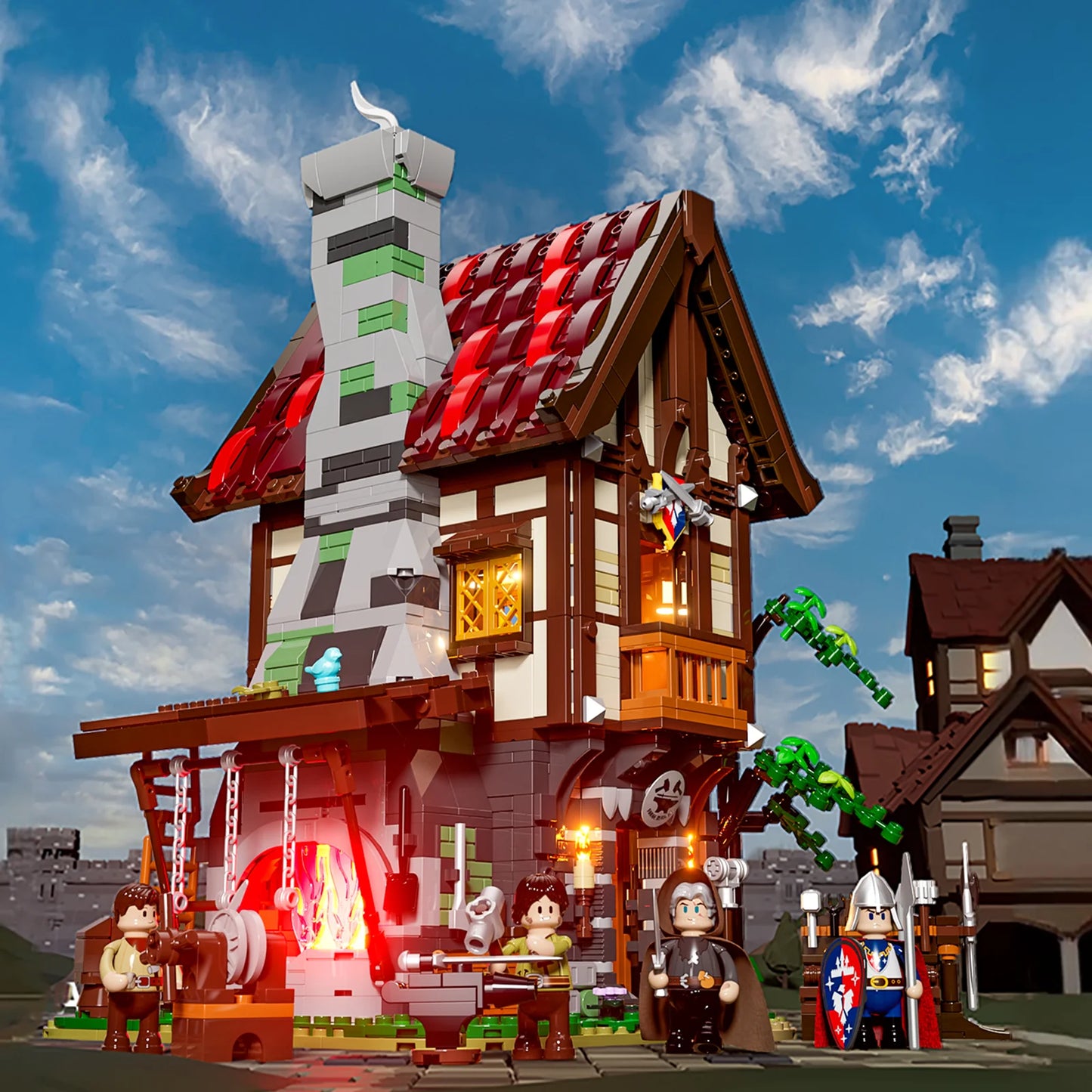 Lumibricks F9040 Forge House in medieval village during daytime, red roof, glowing forge, minifigures, and castle scenery
