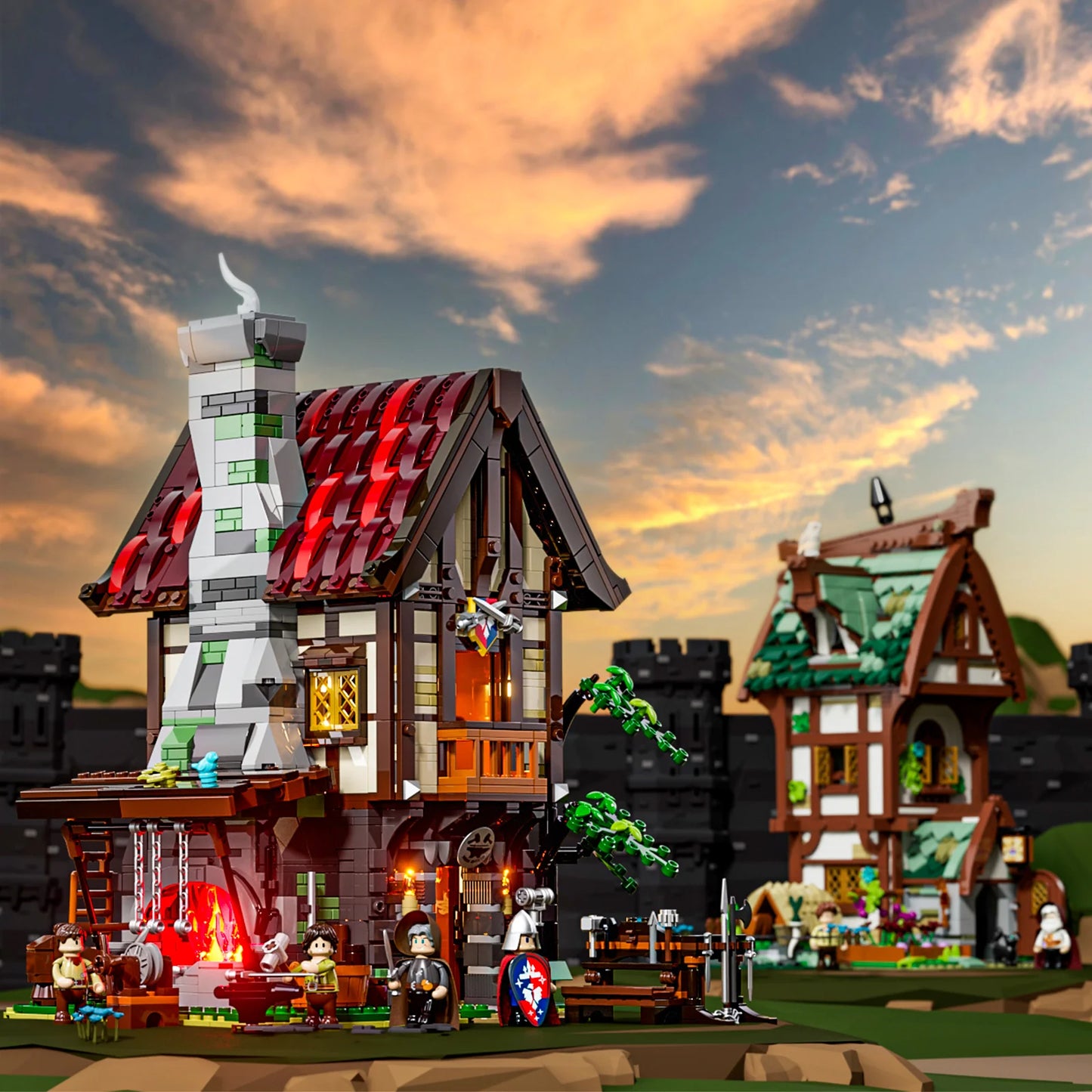 Lumibricks F9040 Forge House in medieval village at dusk, illuminated blacksmith shop, minifigures, and detailed medieval buildings