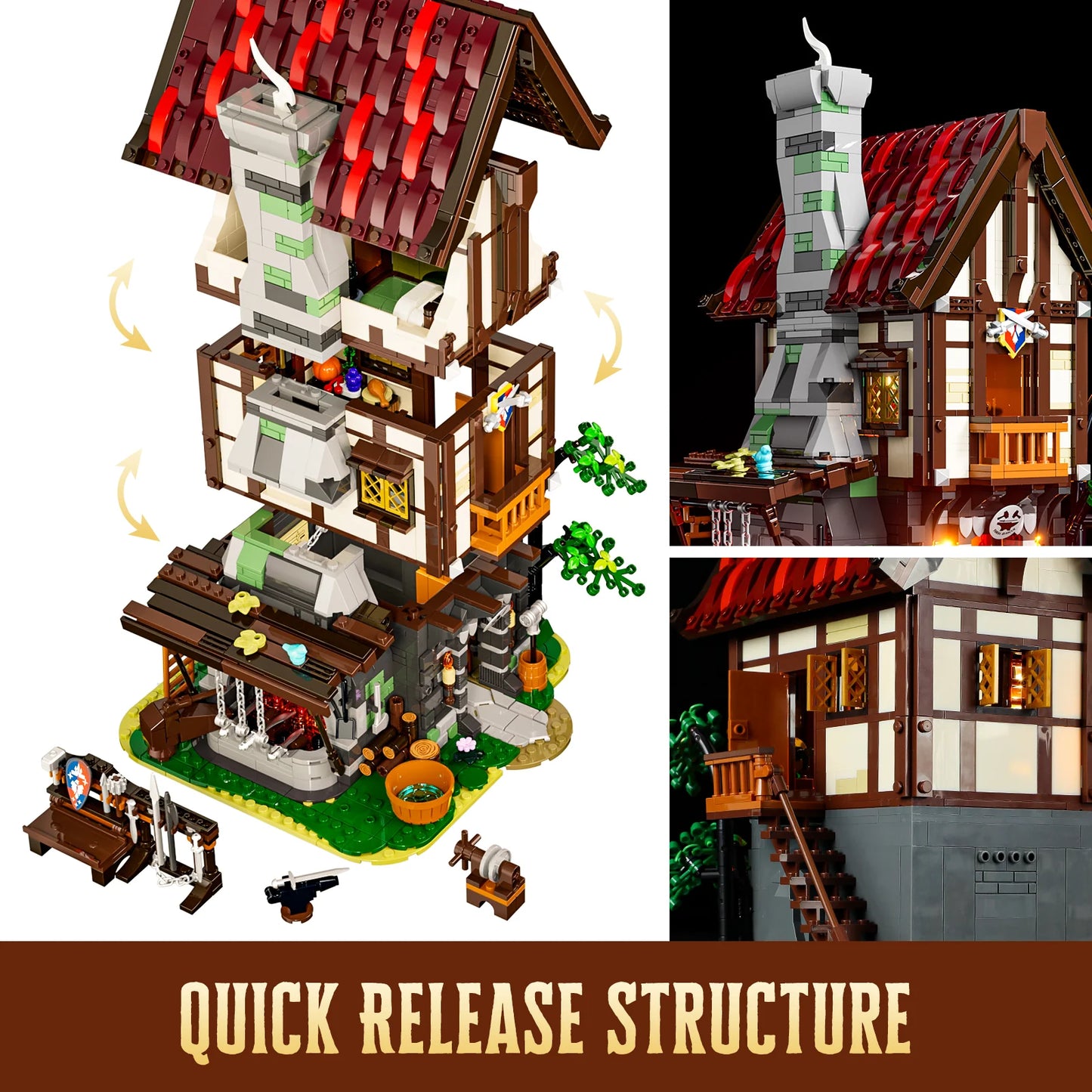Lumibricks F9040 Forge House modular building with quick release structure, removable floors, and detailed medieval exterior