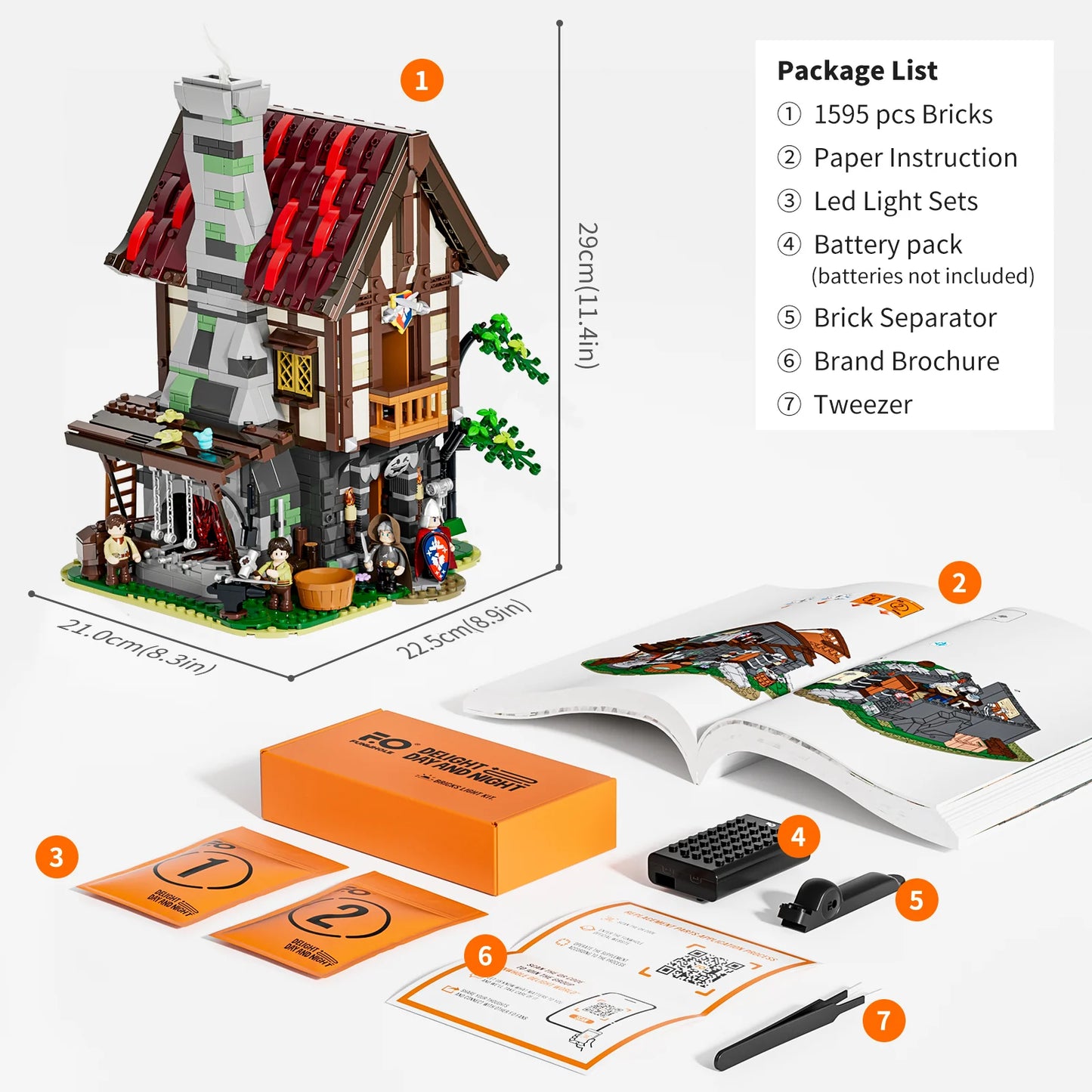 Lumibricks F9040 Forge House package contents with assembled medieval forge house, 1,595 bricks, LED light kit, instructions, battery pack, brick separator, brochure, and tweezer, plus set dimensions