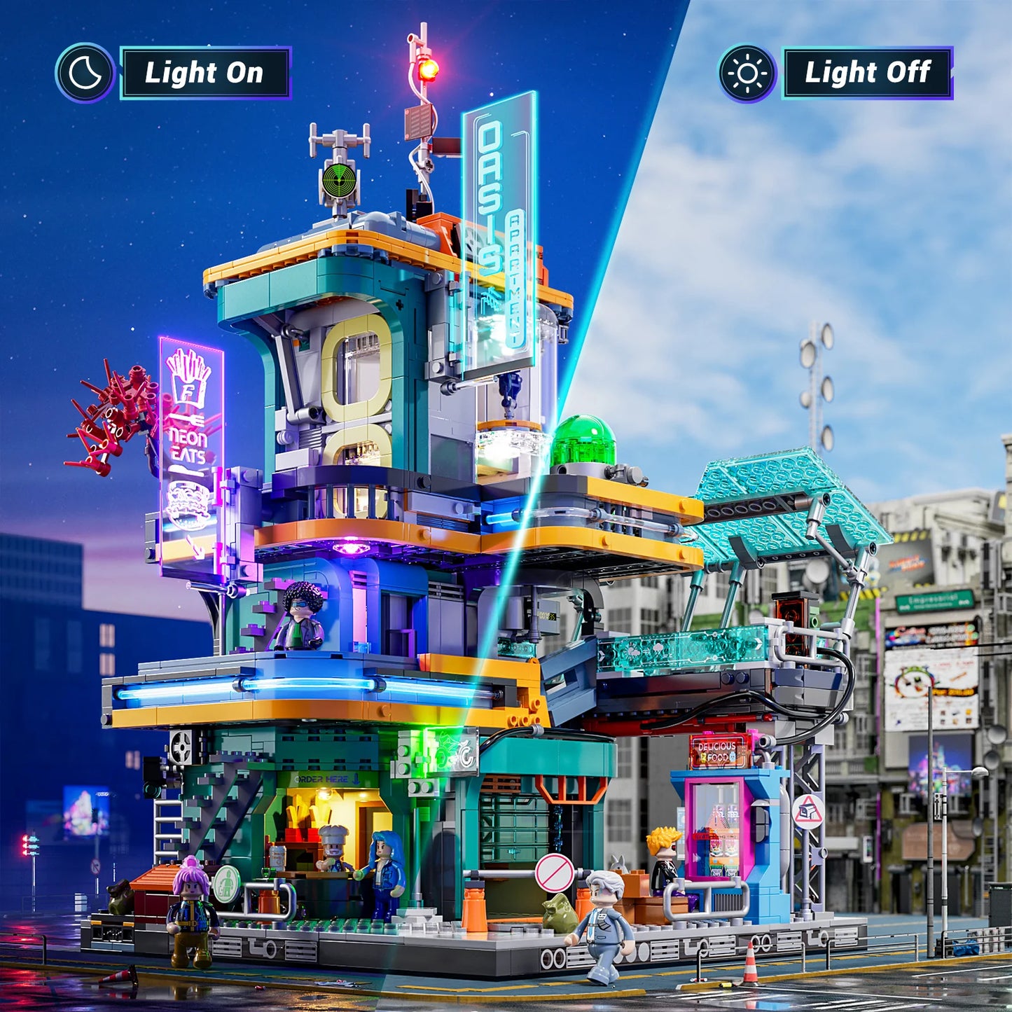 Lumibricks (Formerly Funwhole) F9042 Cyberpunk Apartment with LED lights on and off, neon signs, and modular sci-fi building
