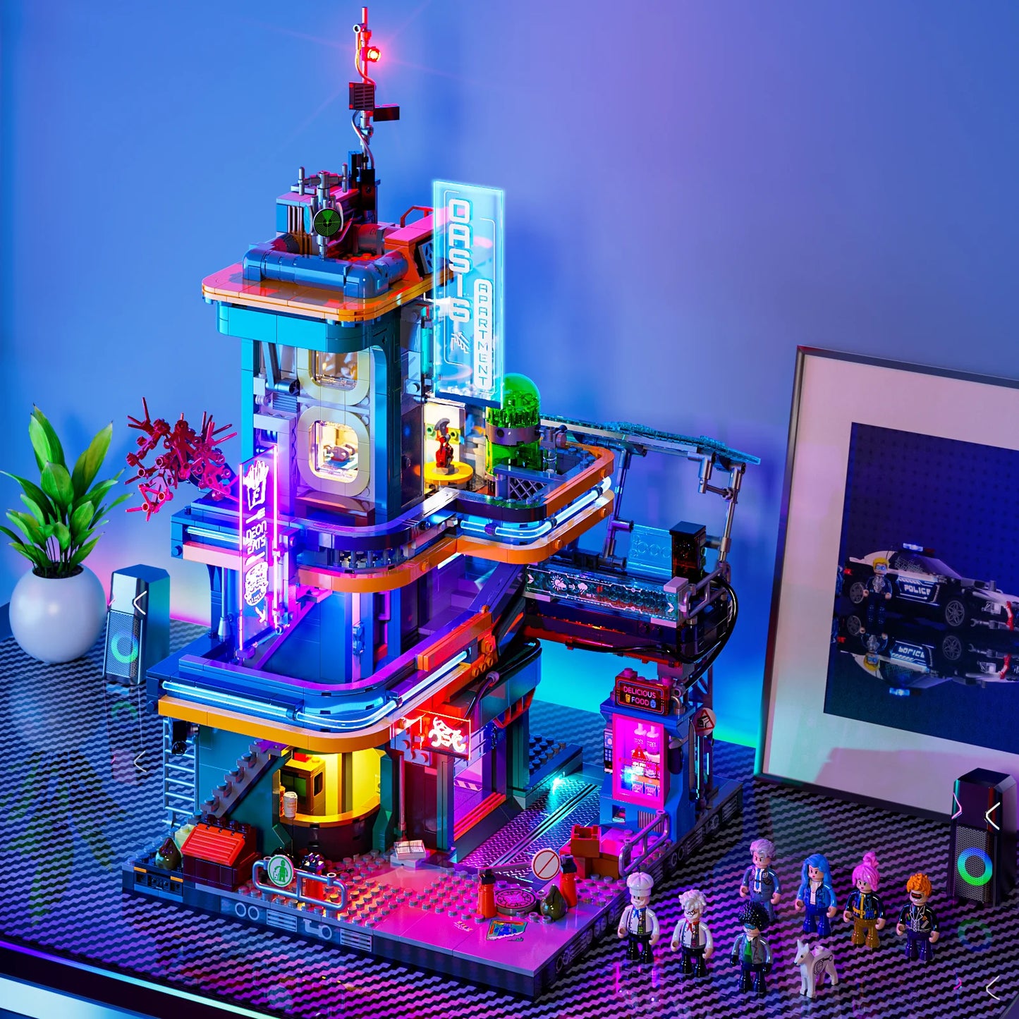 Lumibricks (Formerly Funwhole) F9042 Cyberpunk Apartment on display with LED lights, neon signs, and six minifigures in front