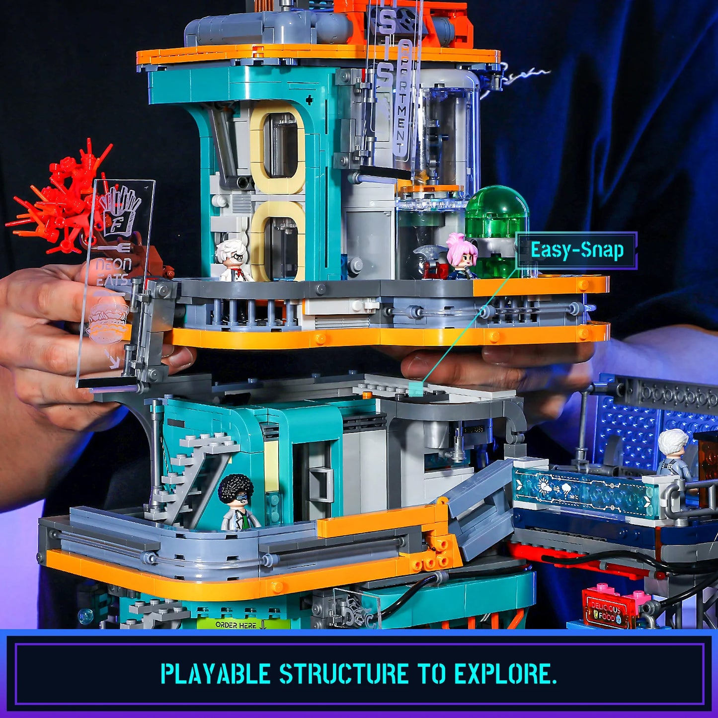 Lumibricks (Formerly Funwhole) F9042 Cyberpunk Apartment modular build with neon-lit levels, easy-snap features, and playable structure