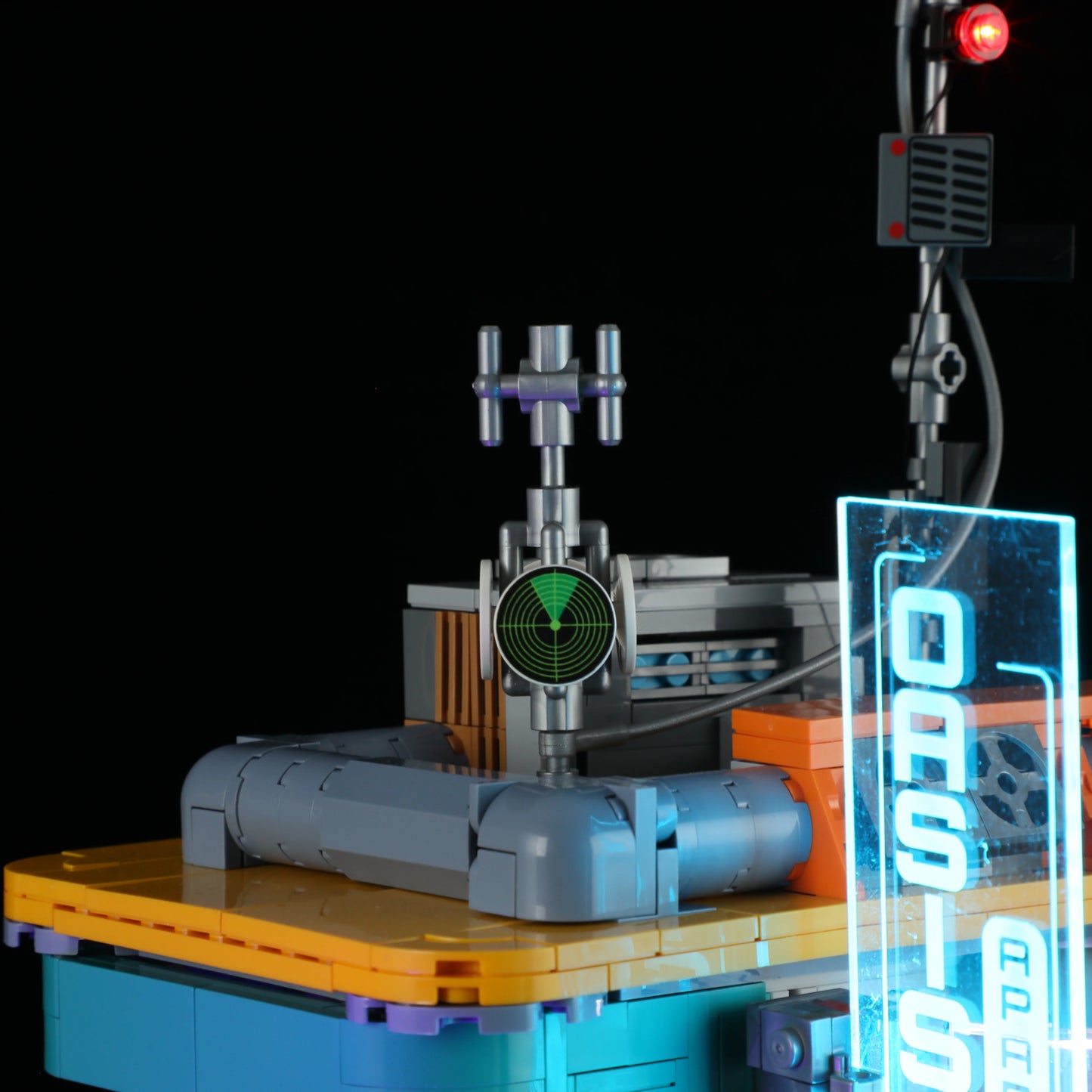 Lumibricks (Formerly Funwhole) F9042 Cyberpunk Apartment rooftop with radar dish, antenna, red light, and neon apartment sign