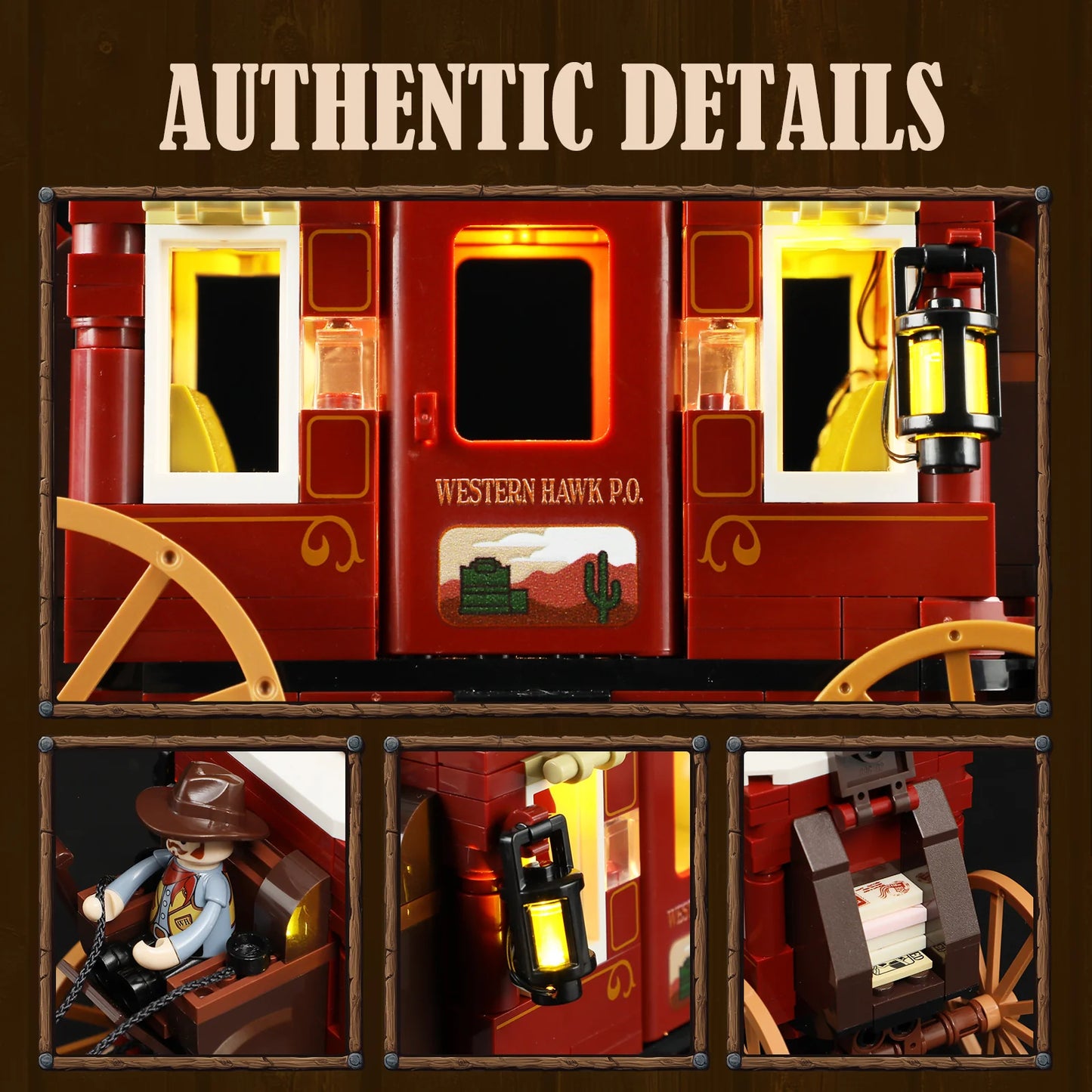 Lumibricks (Formerly Funwhole) F9052 Western Stagecoach close-up of illuminated coach windows, lantern, cowboy minifigure, and mail cargo