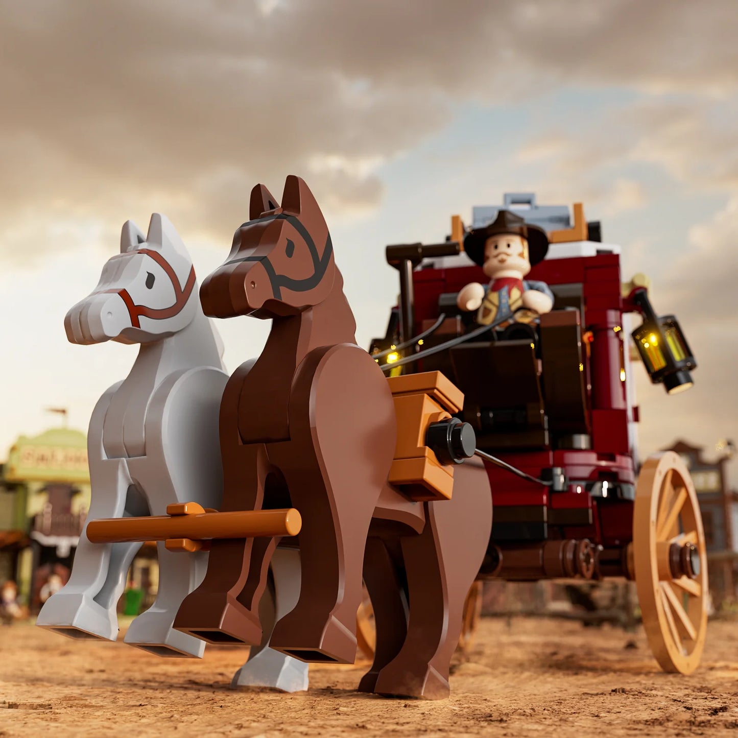Lumibricks F9052 Western Stagecoach front view with brown and white horses pulling the coach, cowboy minifigure driving