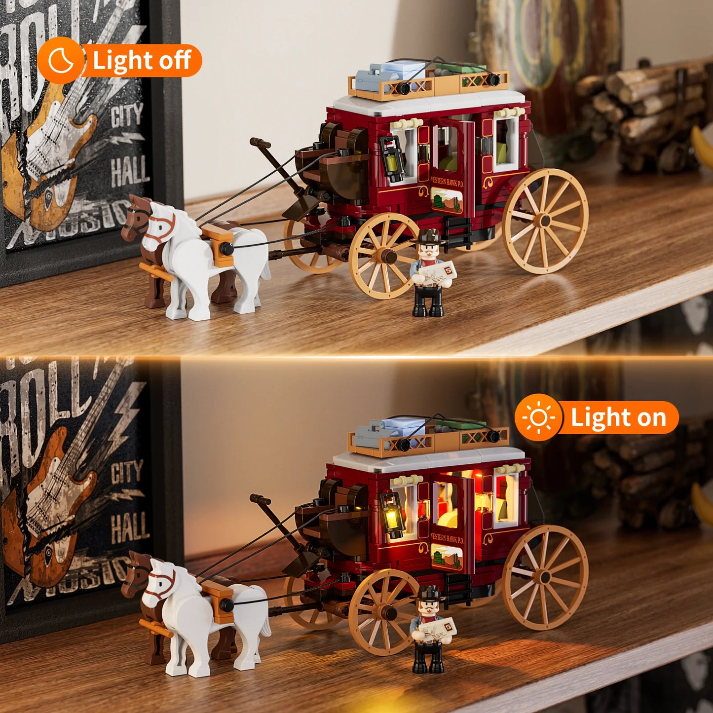 Lumibricks F9052 Western Stagecoach with LED lights on and off, showing illuminated coach windows and lantern, horses, and minifigure