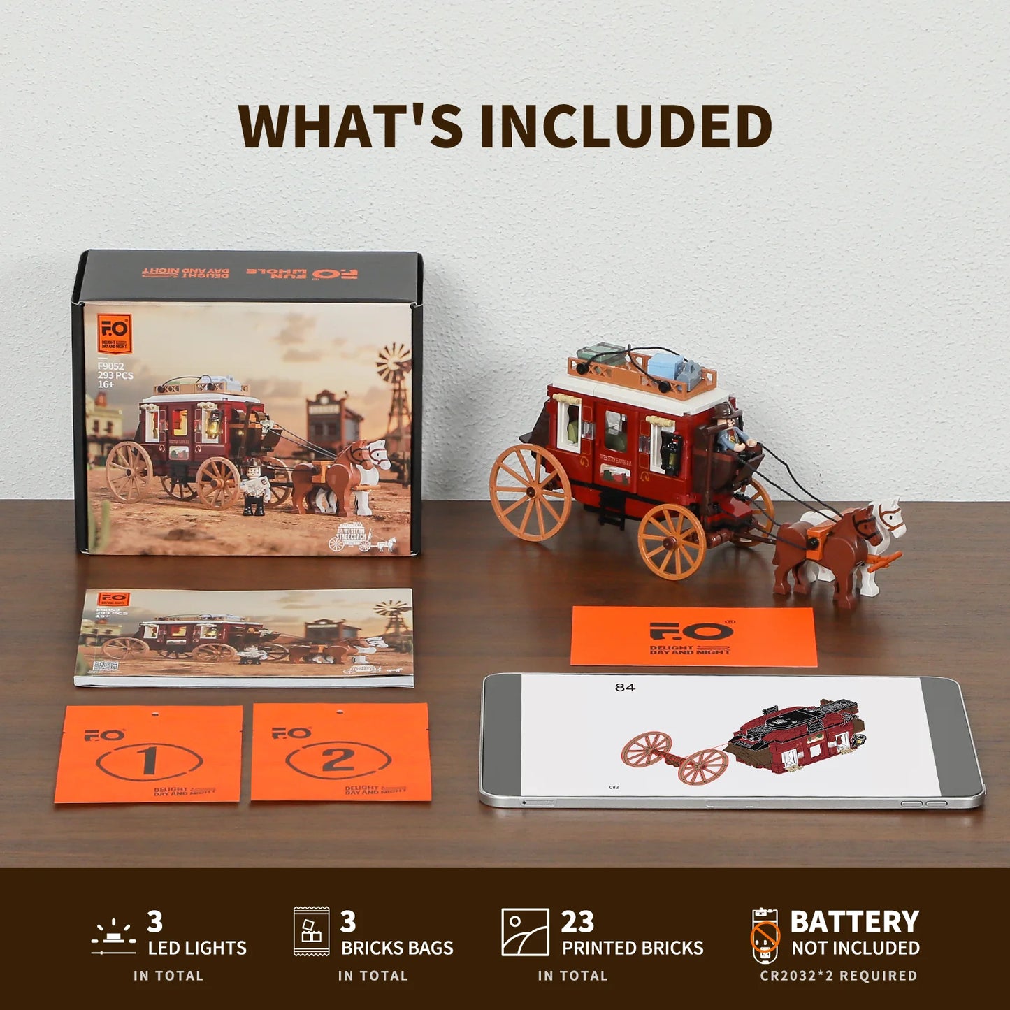 Lumibricks F9052 Western Stagecoach set with box, assembled stagecoach, horses, minifigure, instructions, and LED light kit contents