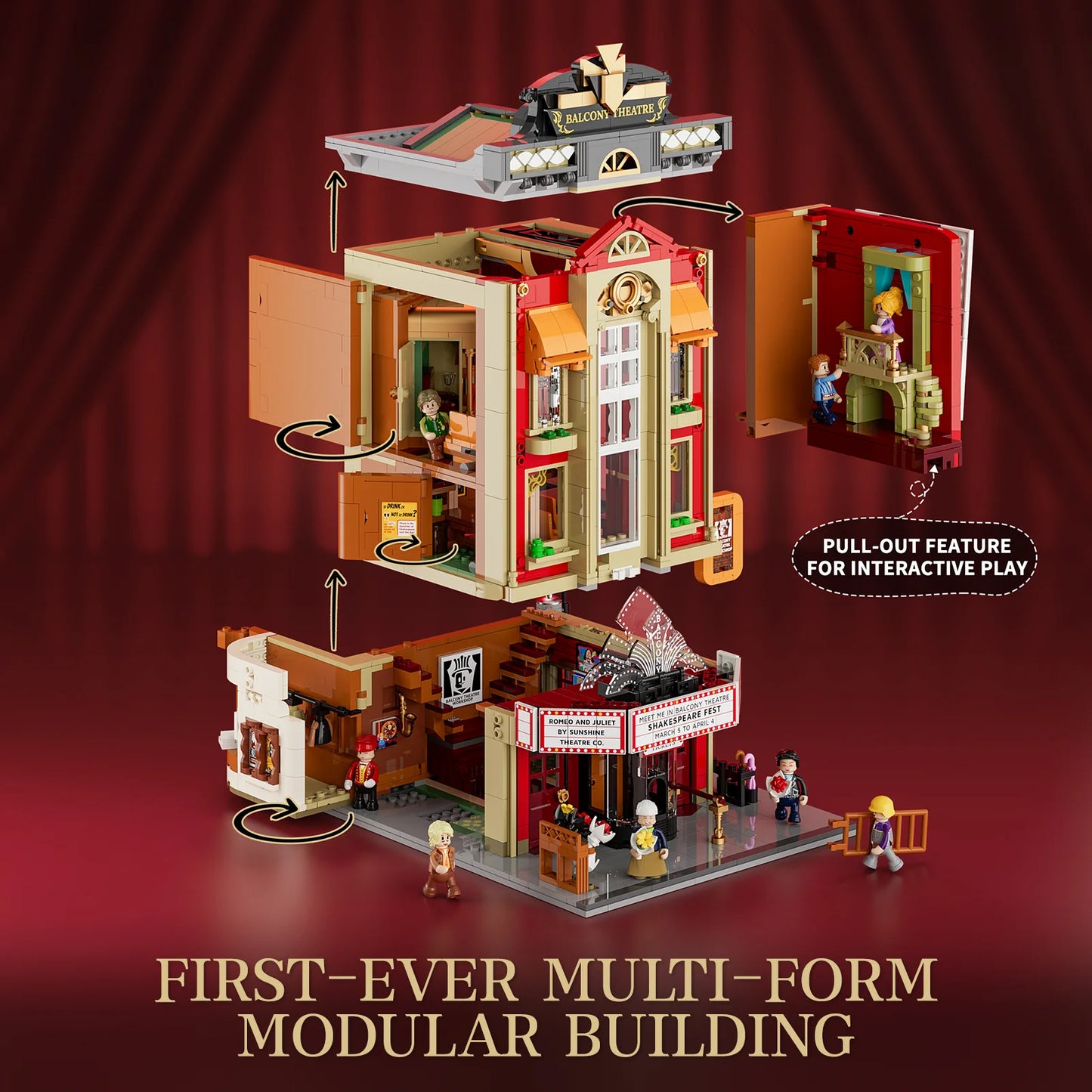 Lumibricks (Formerly Funwhole) F9056 Balcony Theatre exploded modular view with pull-out interactive play features and multi-form design