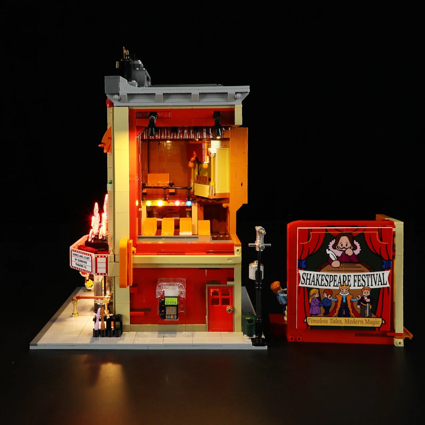 Lumibricks (Formerly Funwhole) F9056 Balcony Theatre with open stage backdrop, balcony seating, and Shakespeare Festival sign