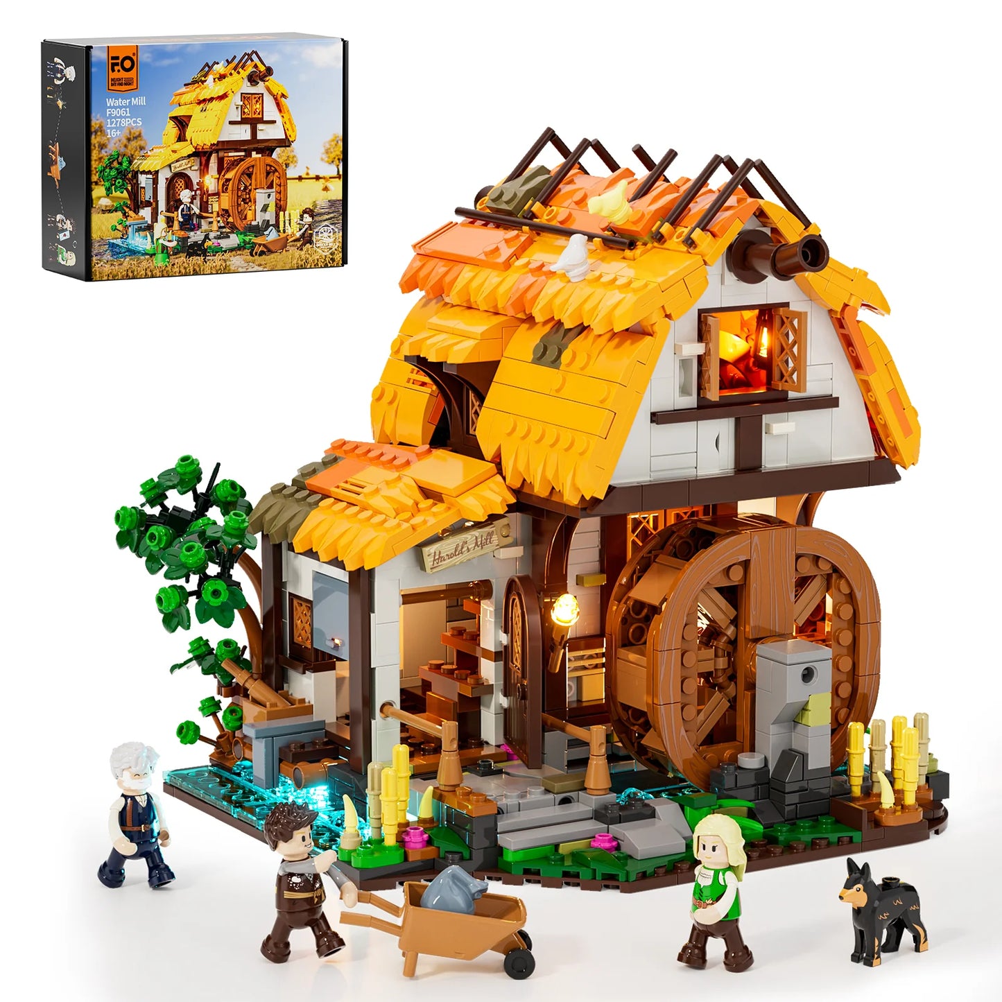 Lumibricks (Formerly Funwhole) F9061 Medieval Water Mill box set with modular building, waterwheel, minifigures, and accessories