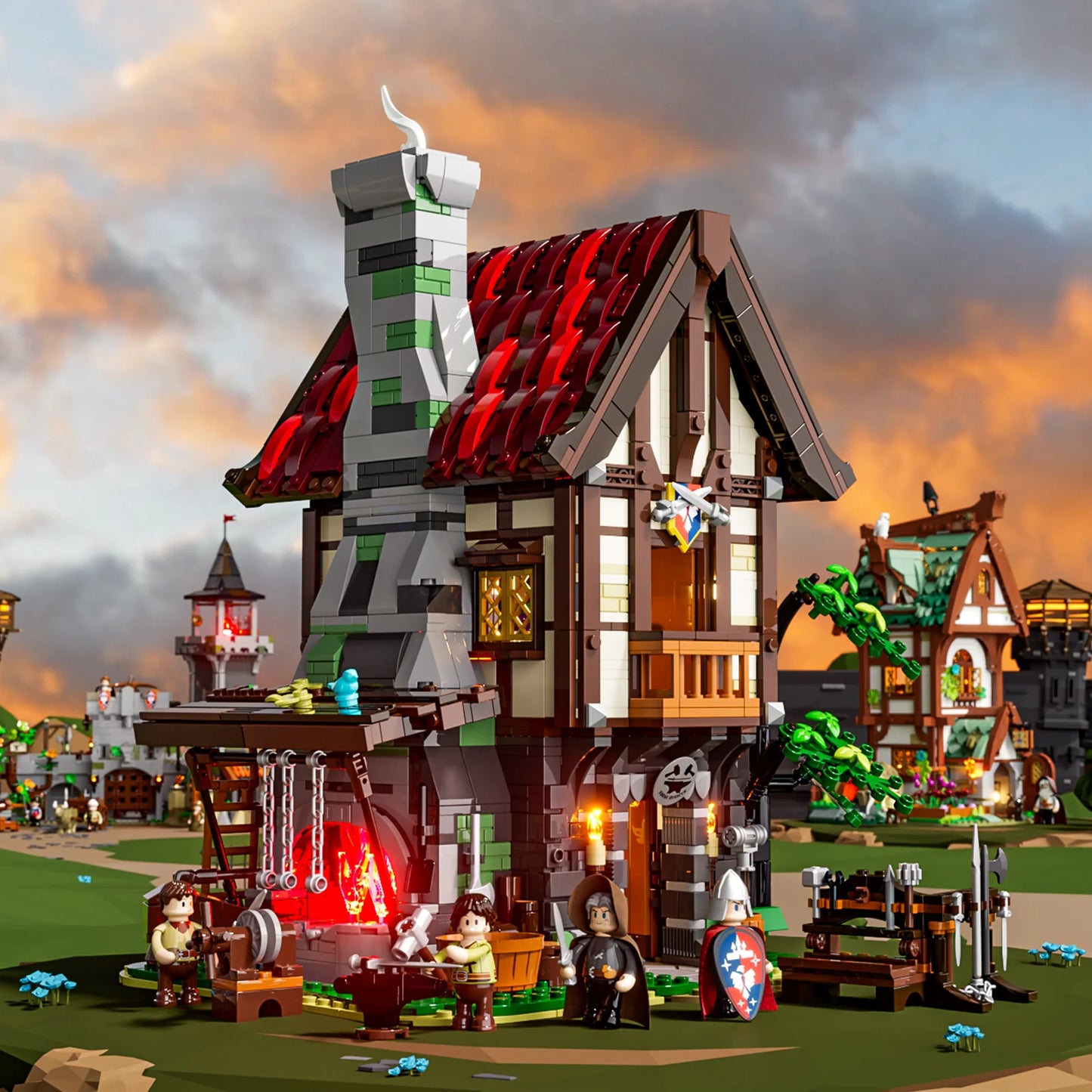 Lumibricks F9040 Forge House in medieval village setting at sunset, with glowing forge, minifigures, and castle in background