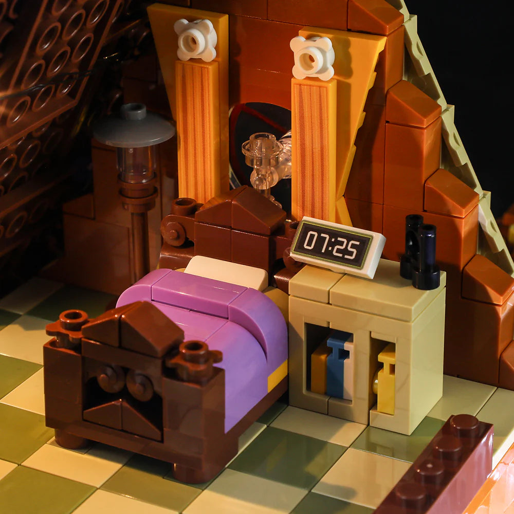 Funwhole A-Frame Cabin set showcasing a cozy bedroom interior with a detailed bed, nightstand, clock, and warm lighting