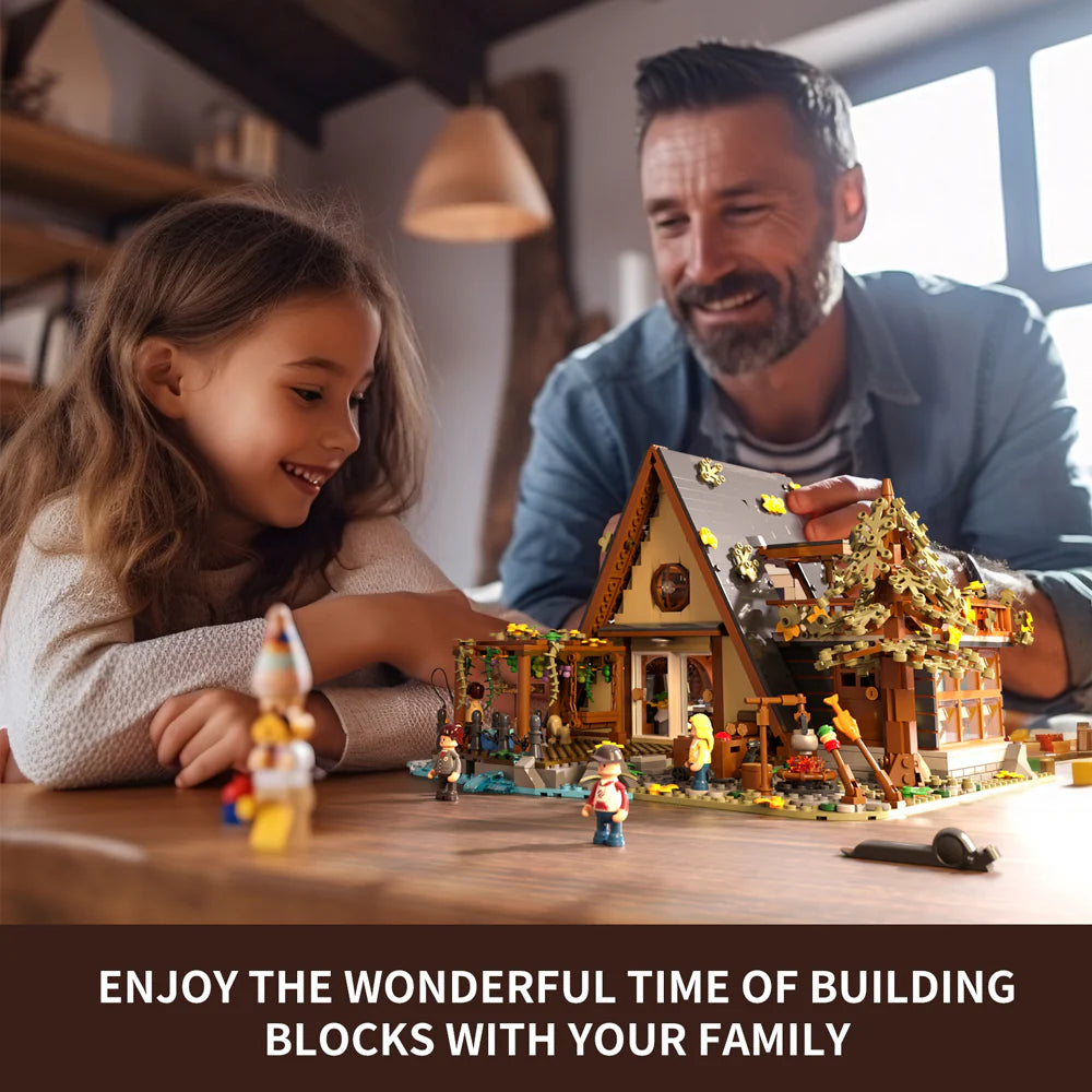 Father and daughter enjoying the Funwhole A-Frame Cabin set, building together for a fun and immersive family bonding experience