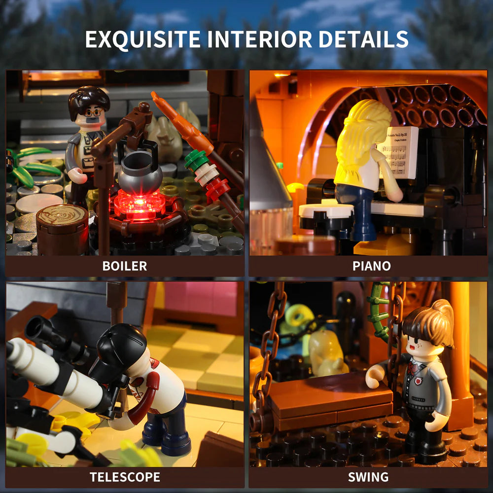 Detailed interior of the Funwhole A-Frame Cabin set featuring a boiler, piano, telescope, and swing for immersive play