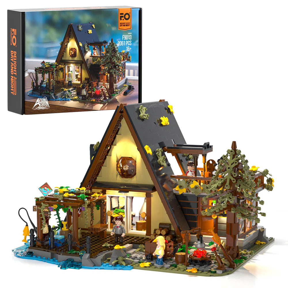 Funwhole A-Frame Cabin – LEGO set with detailed A-frame house, outdoor camping scene, minifigures, and LED lighting