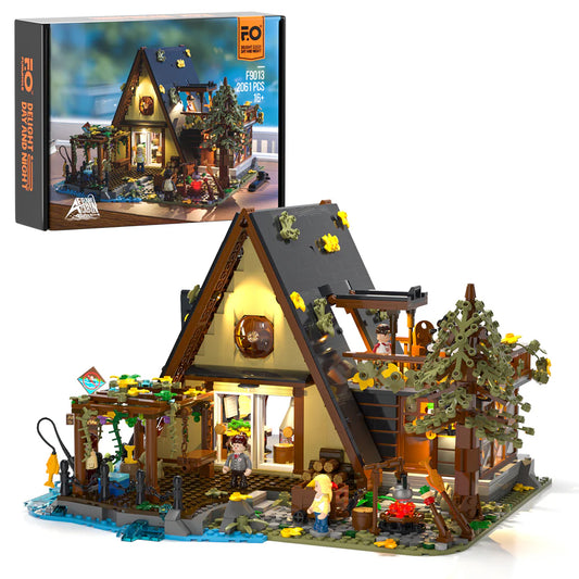 Funwhole A-Frame Cabin – LEGO set with detailed A-frame house, outdoor camping scene, minifigures, and LED lighting