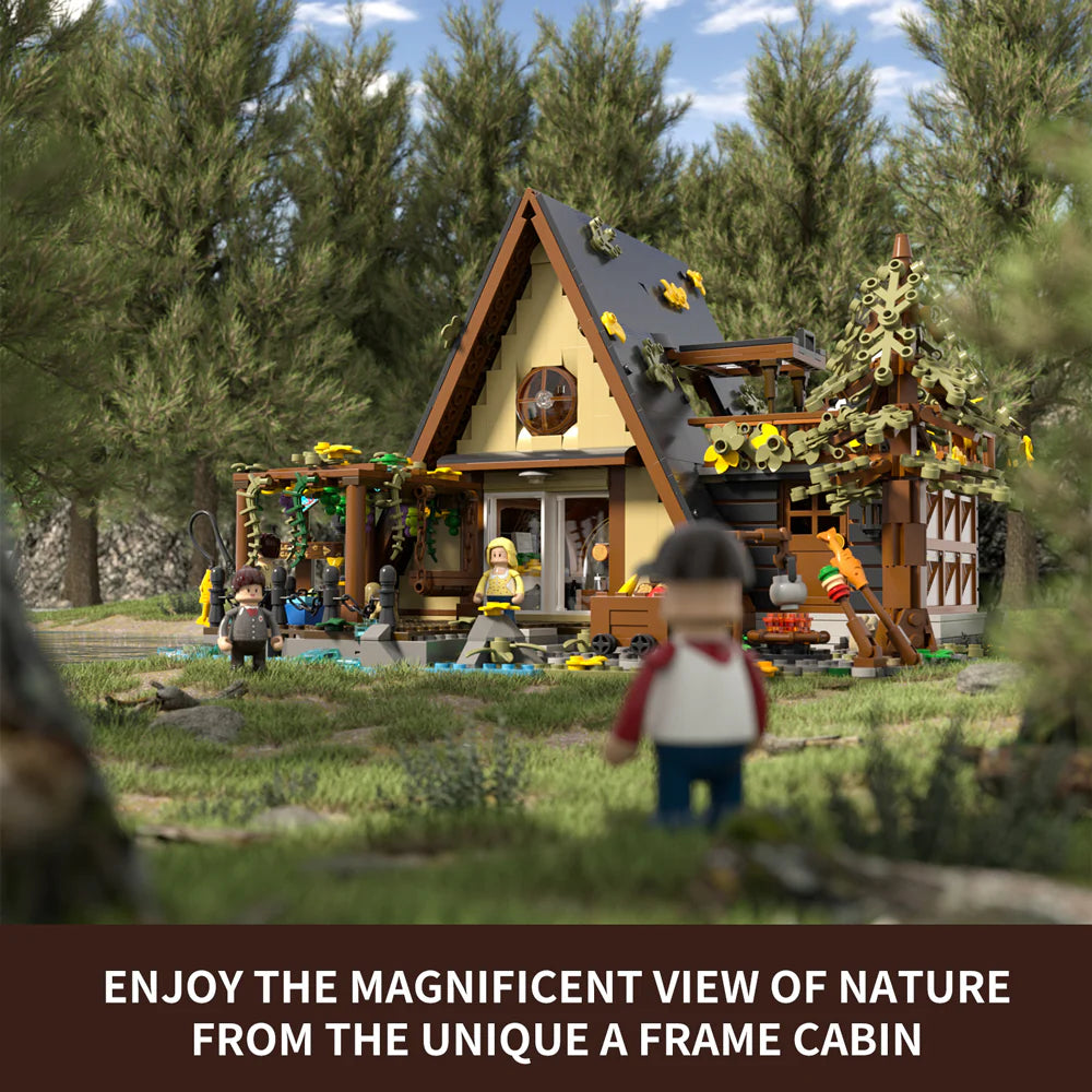 Funwhole A-Frame Cabin set in nature, showcasing a scenic forest retreat with detailed architecture and immersive play features