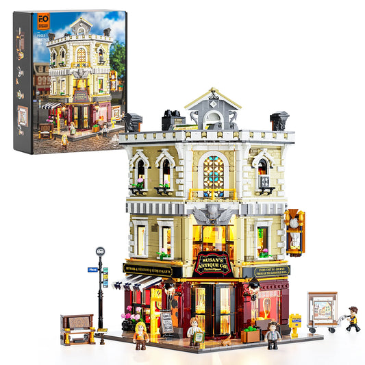 Funwhole Antique Shop modular building set with LED lights, detailed architecture, and mini-figures for a vintage street scene.