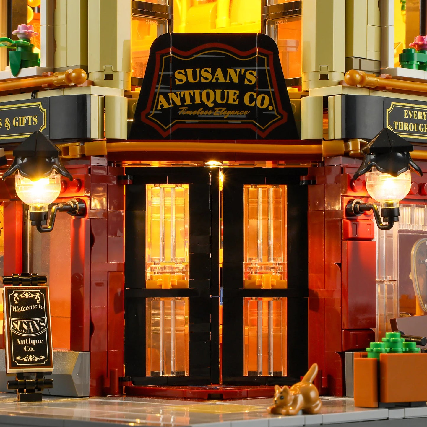 Close-up of Funwhole Antique Store entrance with glowing LED lights, vintage signage, and intricate architectural details.